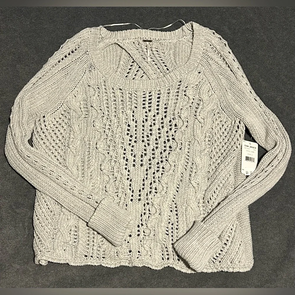 NWT Free People Cable Knit Open Back Chunky Sweater in Ivory Comb - L